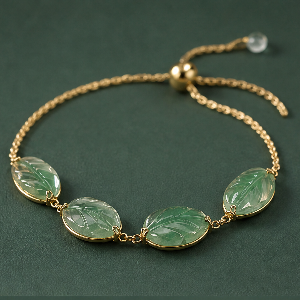 1786602472_ea728829-2 Carved Jade Leaf Slider Bracelet in Gold Tone - 图片 1