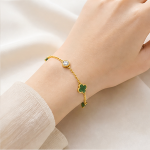 Dark Green Clover Chain Bracelet in Gold Tone - 图片 7
