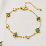 Dark Green Clover Chain Bracelet in Gold Tone