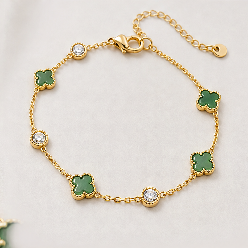 1786602501_382d42b8-5 Dark Green Clover Chain Bracelet in Gold Tone - 图片 1