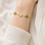 Dark Green Clover Chain Bracelet in Gold Tone - 图片 5