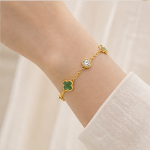 Dark Green Clover Chain Bracelet in Gold Tone - 图片 2