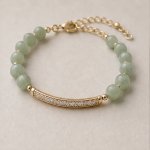 Pale Jade Bead Bracelet with Pave Curved Bar