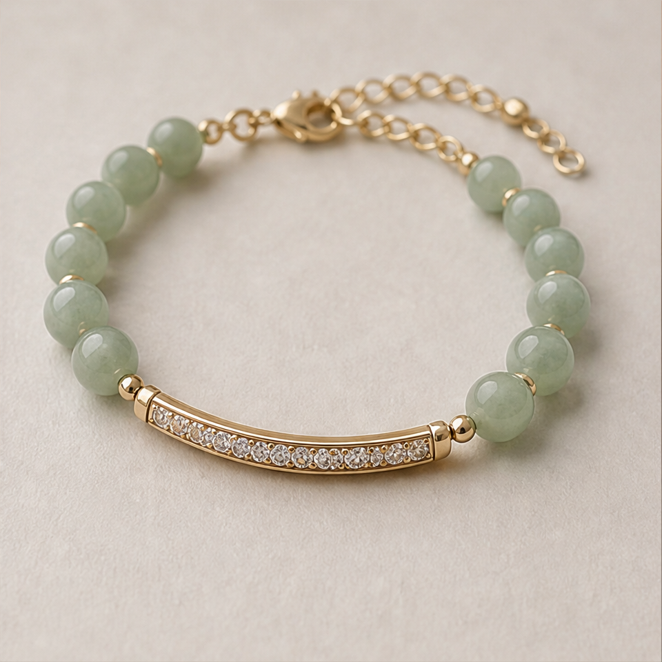 1786602701_928784d6-5 Pale Jade Bead Bracelet with Pave Curved Bar - 图片 1