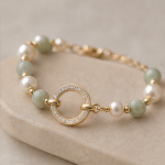 Pearl and Jade Bracelet with Pave Circle Centre - 图片 6