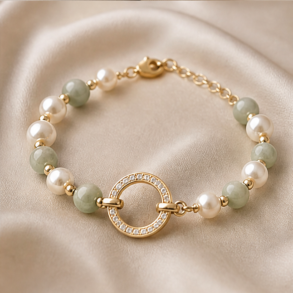 1786602876_793763ac-6 Pearl and Jade Bracelet with Pave Circle Centre - 图片 1