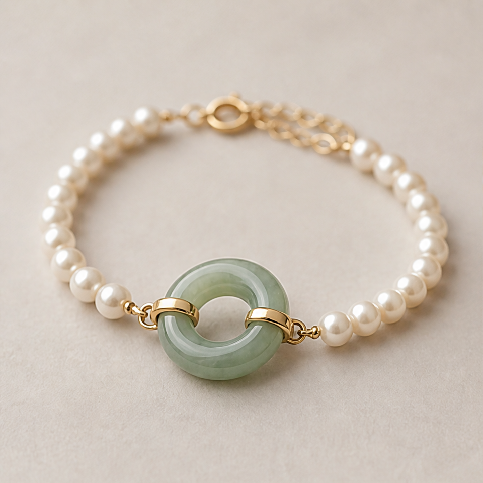 1786602905_d5392fe6-1 Freshwater Pearl Bracelet with Jade Donut Centre - 图片 1