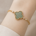 Single Jade Clover Bracelet with Beaded Gold Frame - 图片 2
