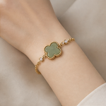 Single Jade Clover Bracelet with Beaded Gold Frame - 图片 4