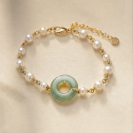 Jade Ring and Pearl Station Bracelet in Gold Tone