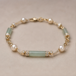 Jade Tube Bar and Pearl Bracelet in Gold Tone
