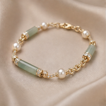 Jade Tube Bar and Pearl Bracelet in Gold Tone - 图片 4