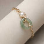 Jade Donut and Single Pearl Bracelet in Gold Tone - 图片 3