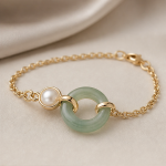 Jade Donut and Single Pearl Bracelet in Gold Tone - 图片 7