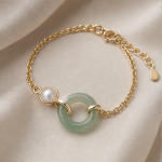 Jade Donut and Single Pearl Bracelet in Gold Tone