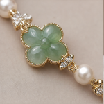 Carved Jade Flower Bracelet with Pearls and Cubic Zirconia - 图片 8