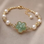 Carved Jade Flower Bracelet with Pearls and Cubic Zirconia