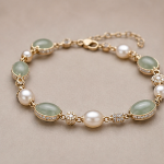 Oval Jade and Pearl Station Bracelet in Gold Tone