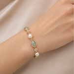 Oval Jade and Pearl Station Bracelet in Gold Tone - 图片 5