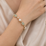 Oval Jade and Pearl Station Bracelet in Gold Tone - 图片 2