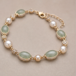 Oval Jade and Pearl Station Bracelet in Gold Tone - 图片 3