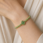 Slim Jade Bead Bangle with Clover Motif - 图片 2