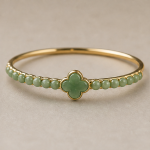 Slim Jade Bead Bangle with Clover Motif - 图片 4