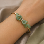 Green Jade Flower and Leaf Bangle in Gold Tone - 图片 2