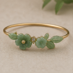 Green Jade Flower and Leaf Bangle in Gold Tone - 图片 3