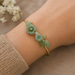 Green Jade Flower and Leaf Bangle in Gold Tone - 图片 4