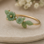 Green Jade Flower and Leaf Bangle in Gold Tone