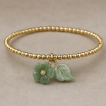 Gold Beaded Bracelet with Jade Flower and Leaf Charm - 图片 5