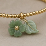 Gold Beaded Bracelet with Jade Flower and Leaf Charm - 图片 3