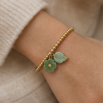 Gold Beaded Bracelet with Jade Flower and Leaf Charm - 图片 2