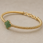 Green Agate Four-Leaf Clover Twisted Gold Bangle - 图片 3