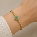 Green Agate Four-Leaf Clover Twisted Gold Bangle - 图片 2