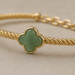 Green Agate Four-Leaf Clover Twisted Gold Bangle - 图片 5
