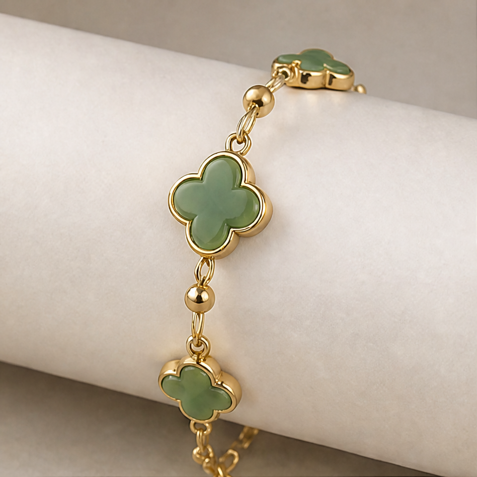 1786603745_7e0a751d-1 Green Agate Clover Station Chain Bracelet in Gold - 图片 1