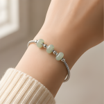 Green Cat's Eye Bead Silver Snake Chain Bracelet - 图片 2