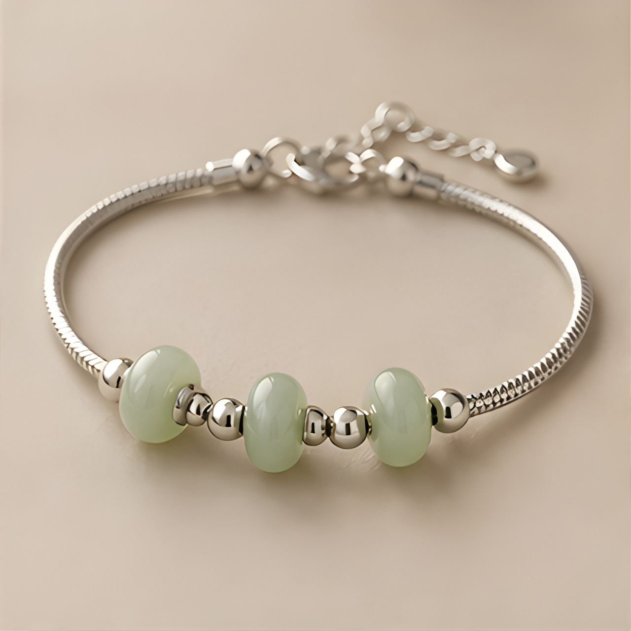 1786604018_9f2a9e99-2 Green Cat's Eye Bead Silver Snake Chain Bracelet - 图片 1