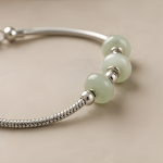 Green Cat's Eye Bead Silver Snake Chain Bracelet - 图片 5