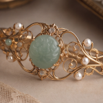 Vintage Carved Jade and Pearl Filigree Gold Bangle - Image 3