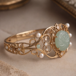 Vintage Carved Jade and Pearl Filigree Gold Bangle