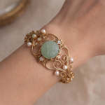 Vintage Carved Jade and Pearl Filigree Gold Bangle - Image 2