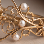 Vintage Carved Jade and Pearl Filigree Gold Bangle - Image 5