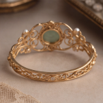 Vintage Carved Jade and Pearl Filigree Gold Bangle - Image 6
