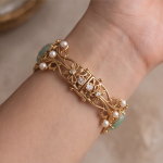 Vintage Carved Jade and Pearl Filigree Gold Bangle - Image 7
