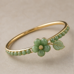 Green Jade Blossom Cuff with Pearl Accents in Gold