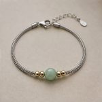 Round Green Jade Bead Bracelet with Gold Accents