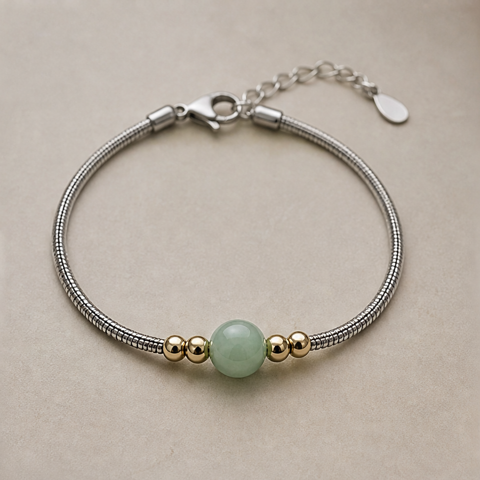 1786604120_16e4e7a0-2 Round Green Jade Bead Bracelet with Gold Accents - 图片 1